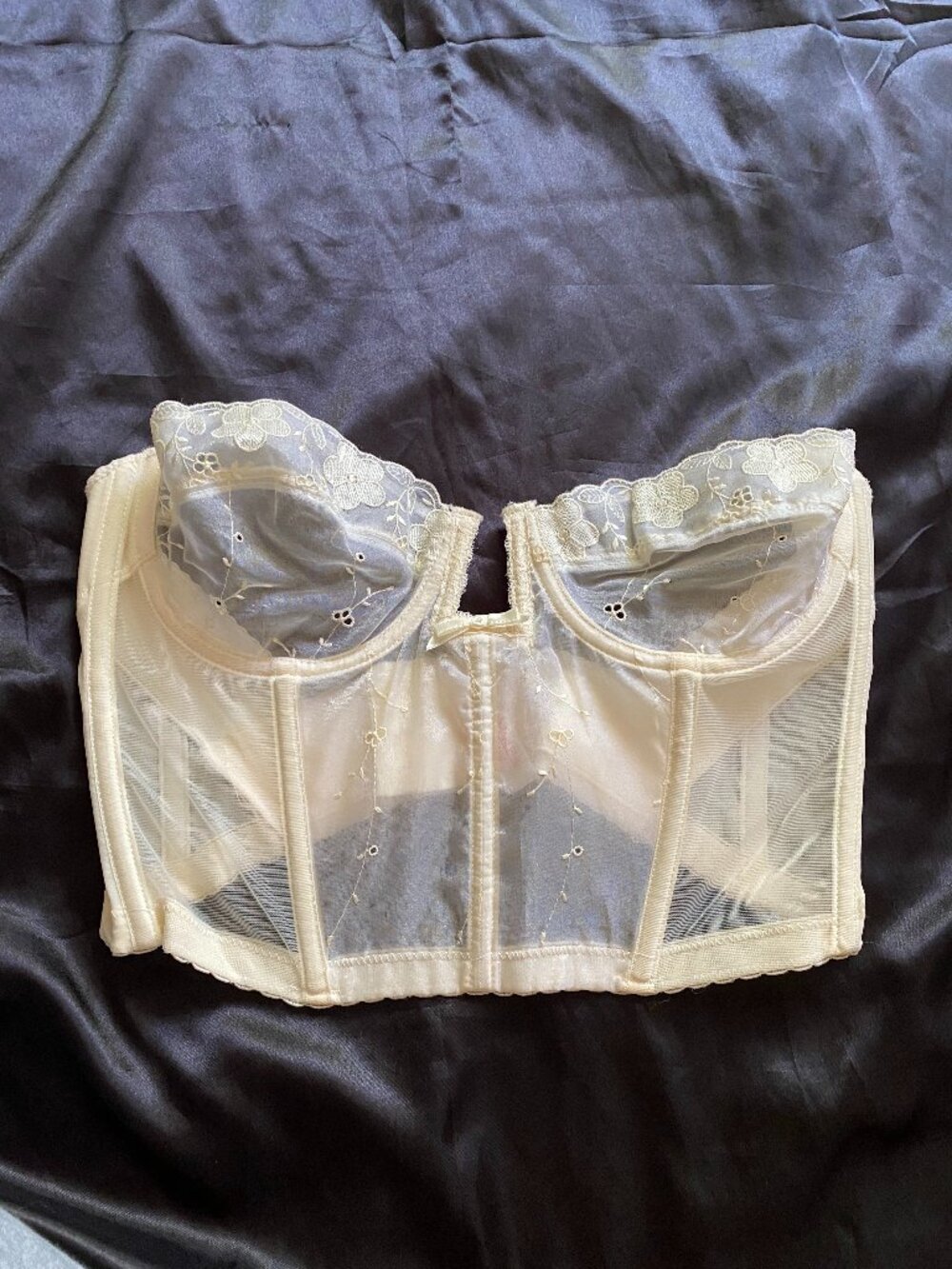 Vintage 1950s Lady Marlene Cream Eyelet Floral Sheer Corset Bustier Bra Size 36C